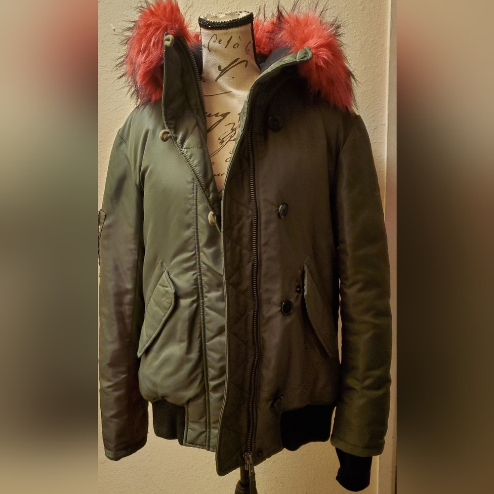 Womens Olive Green Bomber Jacket with Pink Fur Hood down Coat With Thumb Holes